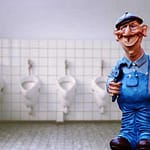 Klemptner Figur Polyresin Kunstharz Les Alpes Funny Jobs mit Pömpel vor Toiletten